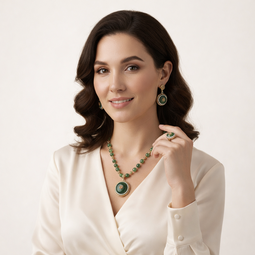 green gemstone jewelry set with necklace earrings and ring worn together