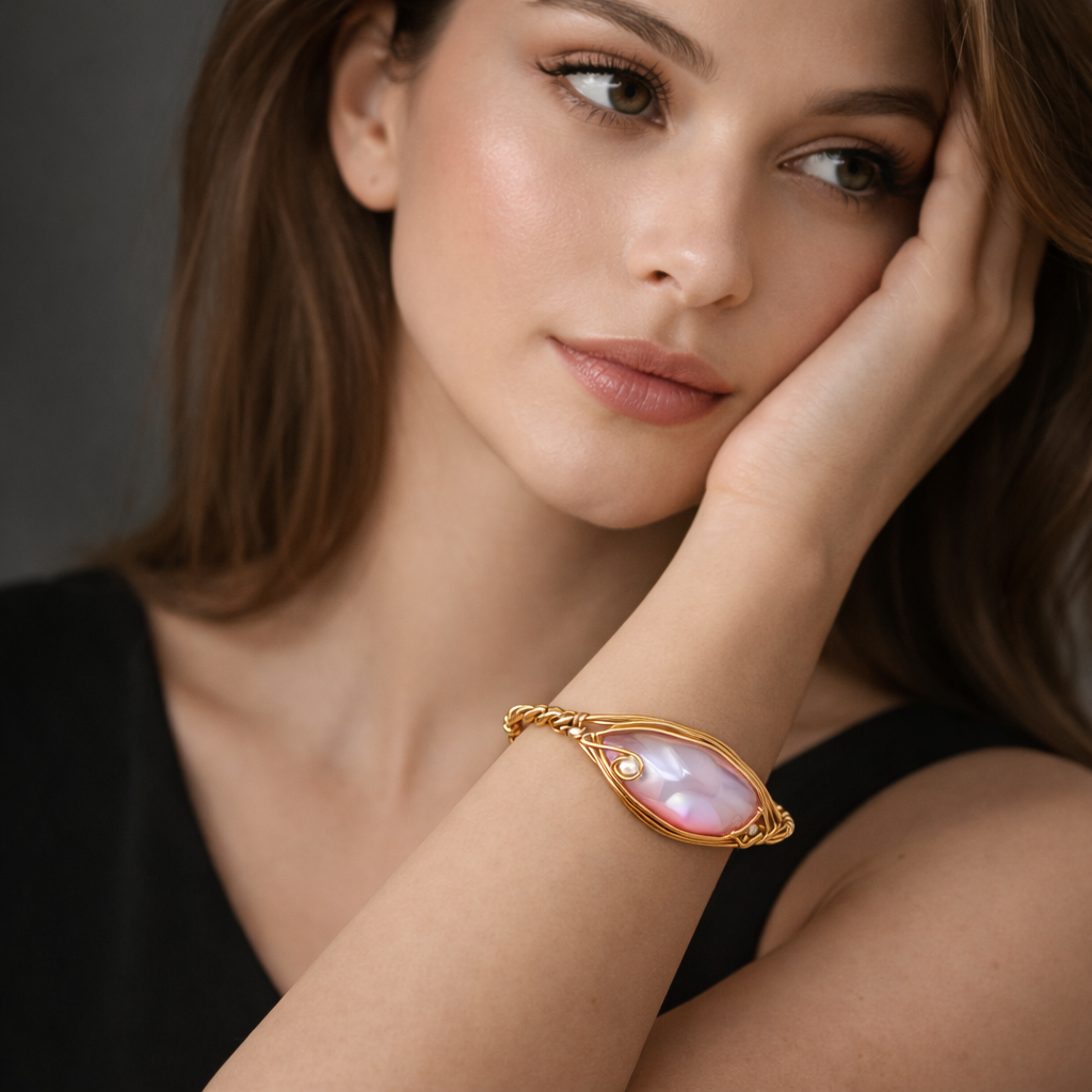 Handcrafted abalone shell bracelet set in sterling silver. Organic shape, luminous color, and refined design for everyday wear or gifting.