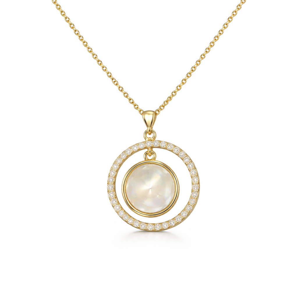 A beautifully crafted gold-plated pendant necklace with a large shell centerpiece, surrounded by brilliant zirconia stones. The pendant radiates elegance and sophistication, perfect for elevating both casual and formal outfits.
