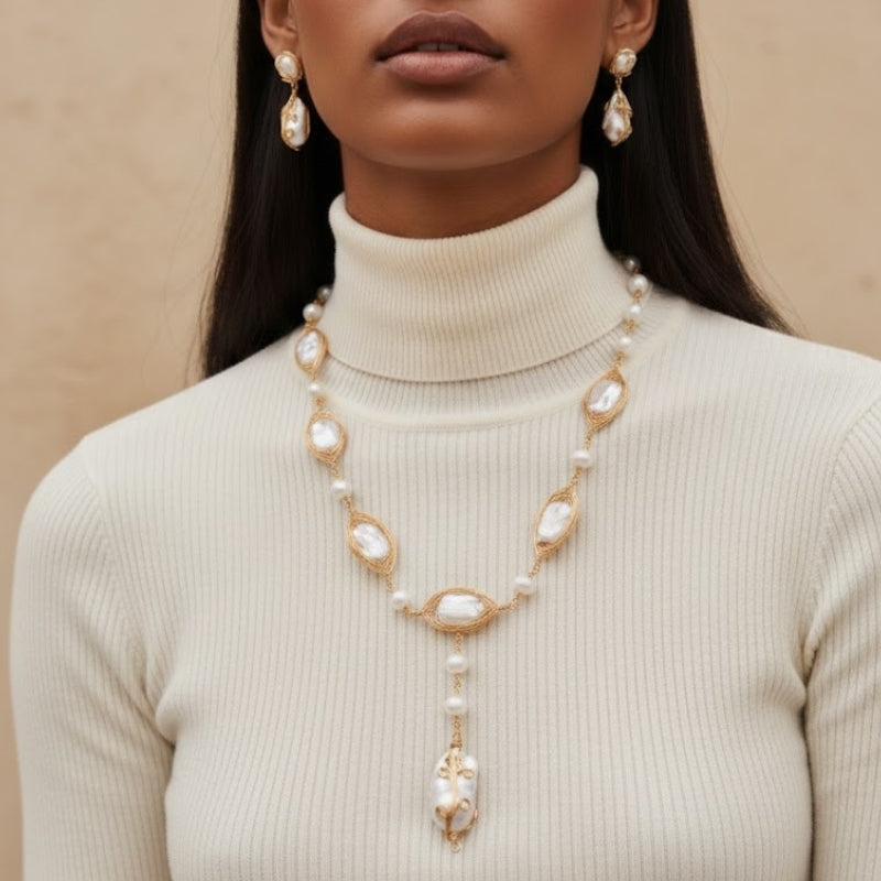 Close-up of the freshwater pearl necklace, showcasing the intricate copper wire work surrounding each pearl. The craftsmanship and attention to detail highlight the beauty of the pearls, making this piece a statement of elegance.