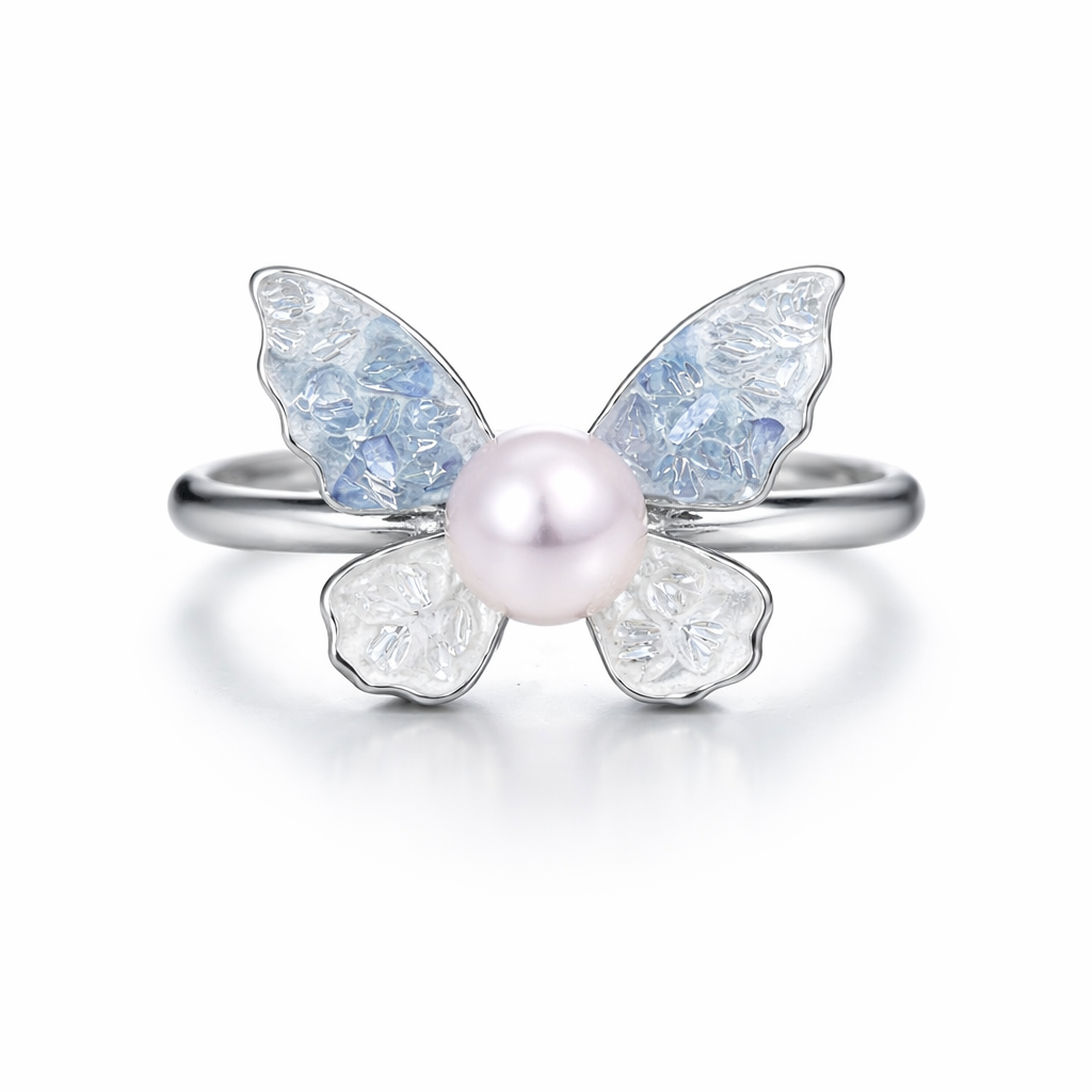 Aurora Sakura Pink Freshwater Pearl Crystal Butterfly Ring 8mm 1