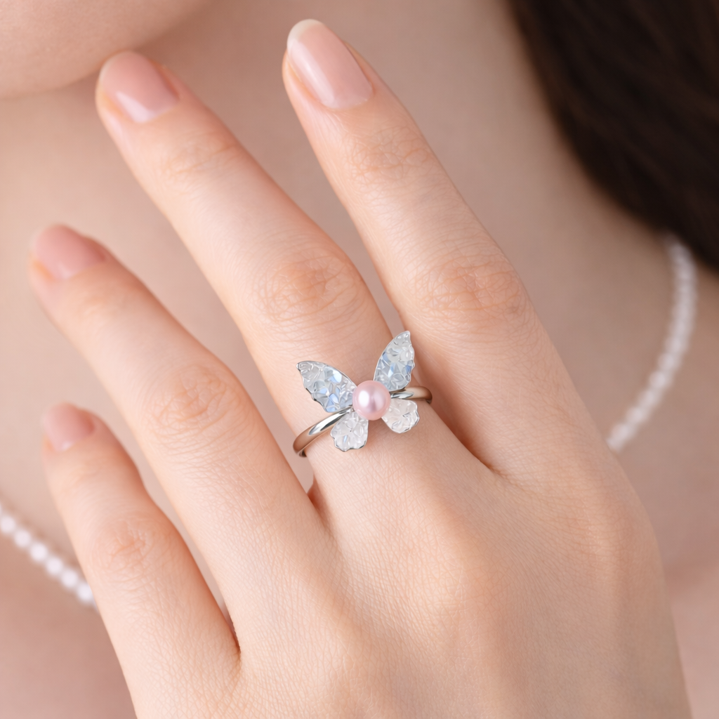 Aurora Sakura Pink Freshwater Pearl Crystal Butterfly Ring 8mm 2