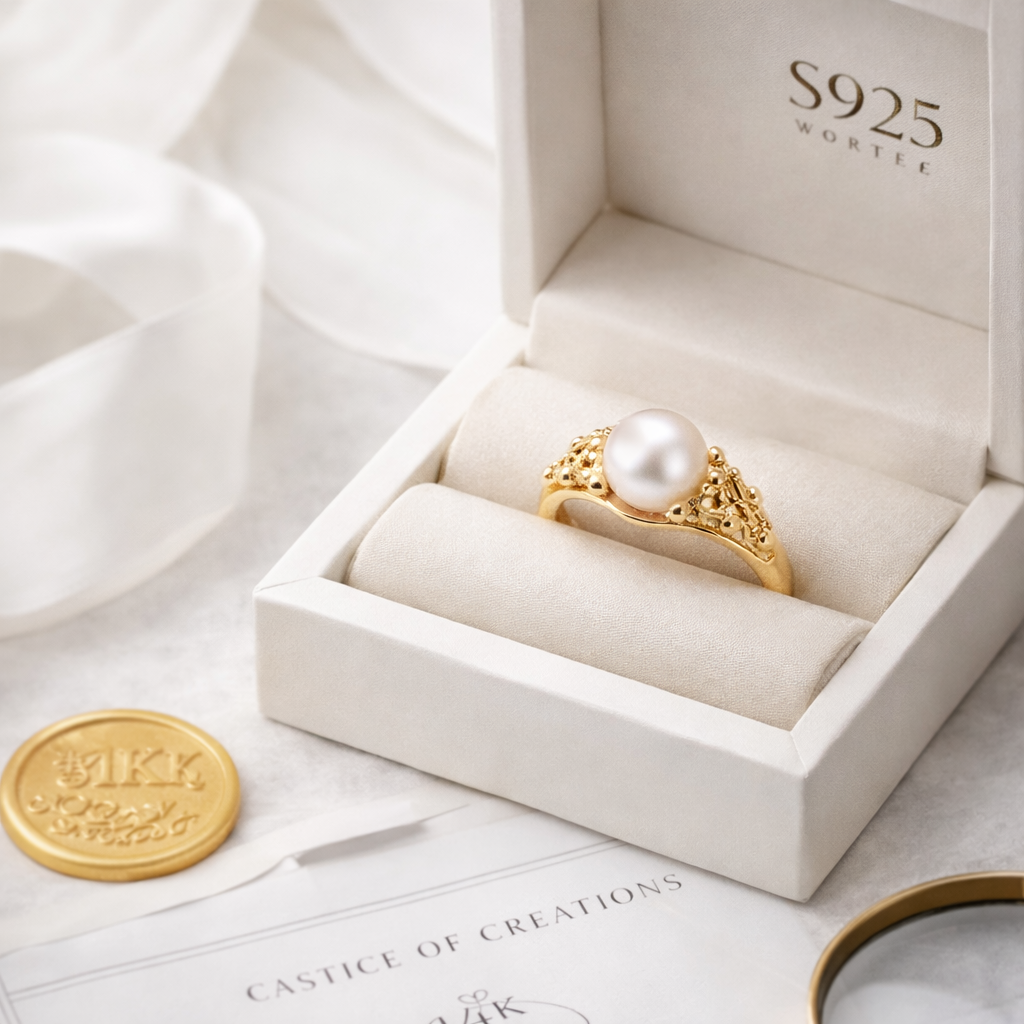 A premium jewelry box open to reveal a sparkling handcrafted piece inside, surrounded by luxury materials to show the customer experience and quality packaging.