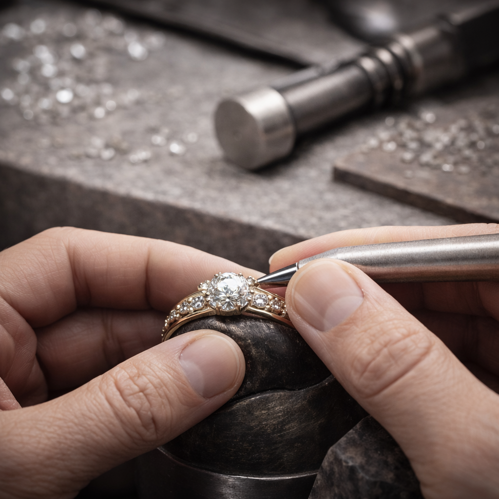 A close-up of a designer carefully shaping a piece of jewelry with delicate precision, highlighting the craftsmanship and elegance of the process.