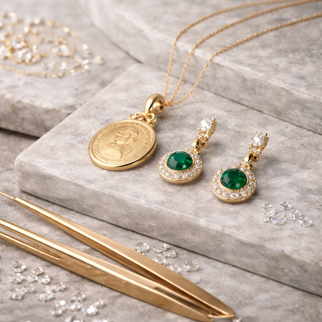 A beautifully arranged display of finished jewelry pieces on a textured background, emphasizing the modern, elegant designs created with care and purpose.