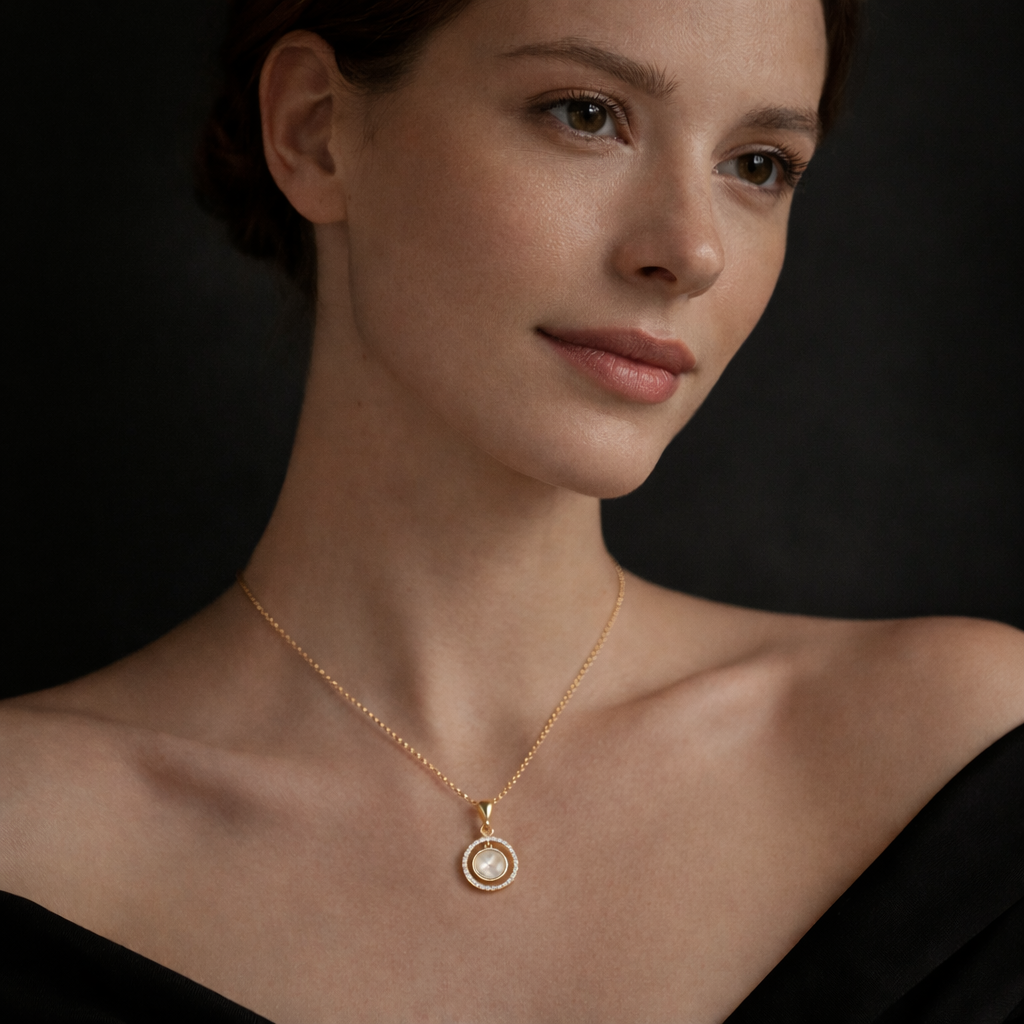 A model wearing the gold-plated shell pendant necklace, emphasizing its versatility and timeless appeal. This necklace adds a refined touch to any outfit, whether worn casually or for more formal occasions.